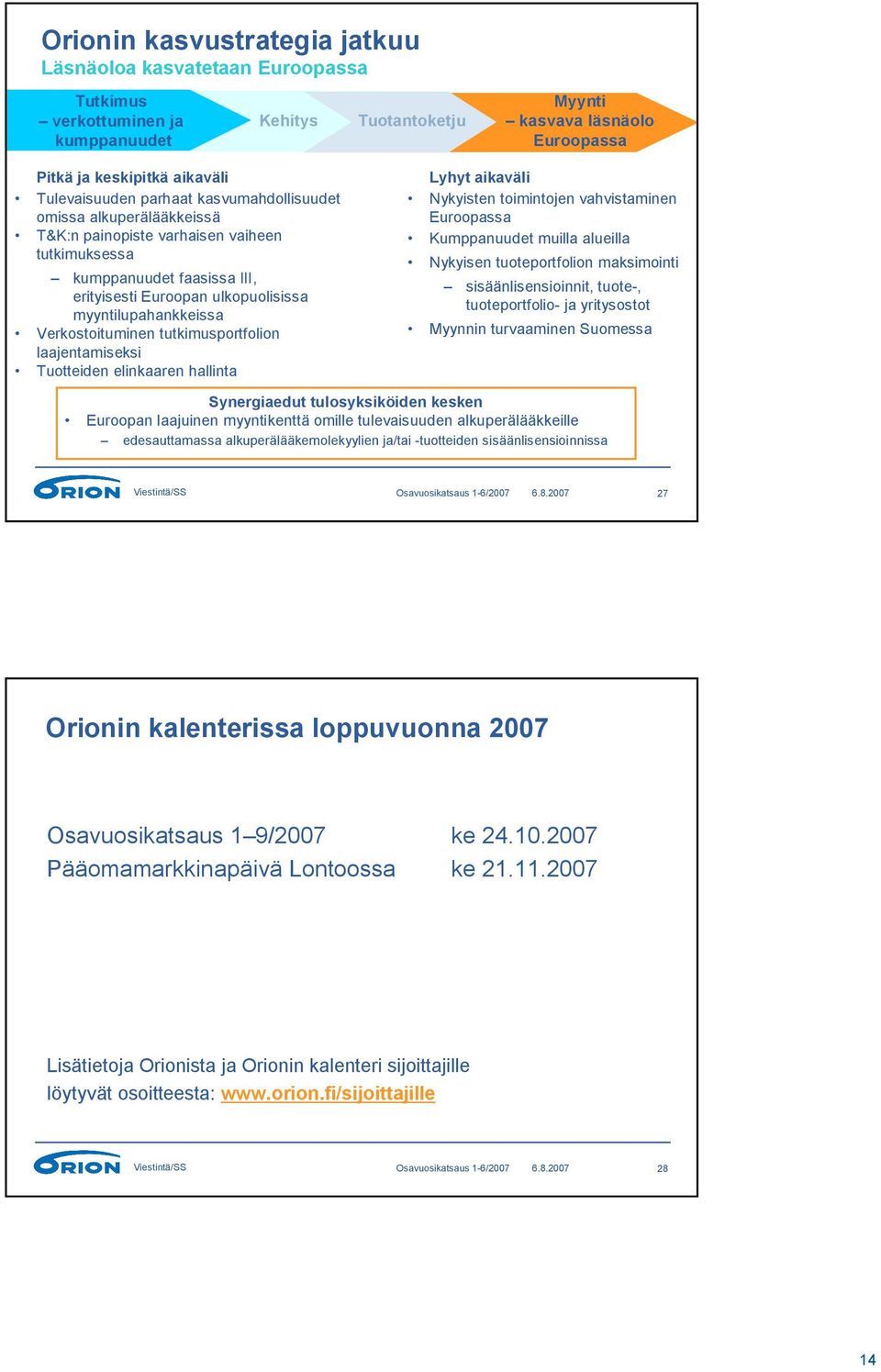 myyntilupahankkeissa Verkostoituminen tutkimusportfolion laajentamiseksi Tuotteiden elinkaaren hallinta Lyhyt aikaväli Nykyisten toimintojen vahvistaminen Euroopassa Kumppanuudet muilla alueilla