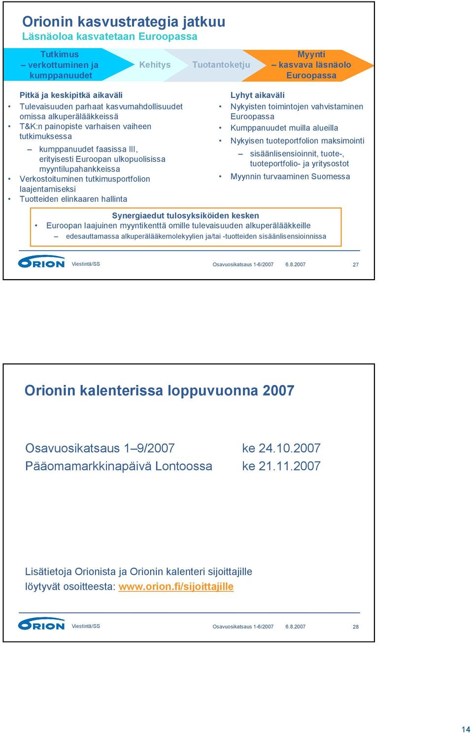 myyntilupahankkeissa Verkostoituminen tutkimusportfolion laajentamiseksi Tuotteiden elinkaaren hallinta Lyhyt aikaväli Nykyisten toimintojen vahvistaminen Euroopassa Kumppanuudet muilla alueilla