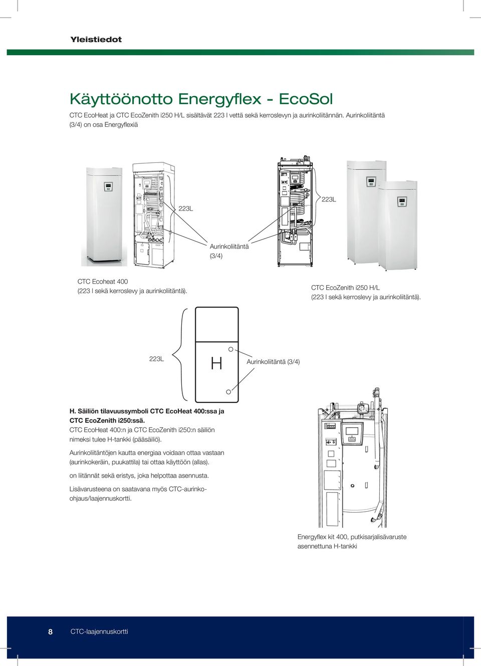 223L H Aurinkoliitäntä (3/4) H. Säiliön tilavuussymboli CTC EcoHeat 400:ssa ja CTC EcoZenith i250:ssä. CTC EcoHeat 400:n ja CTC EcoZenith i250:n säiliön nimeksi tulee (pääsäiliö).