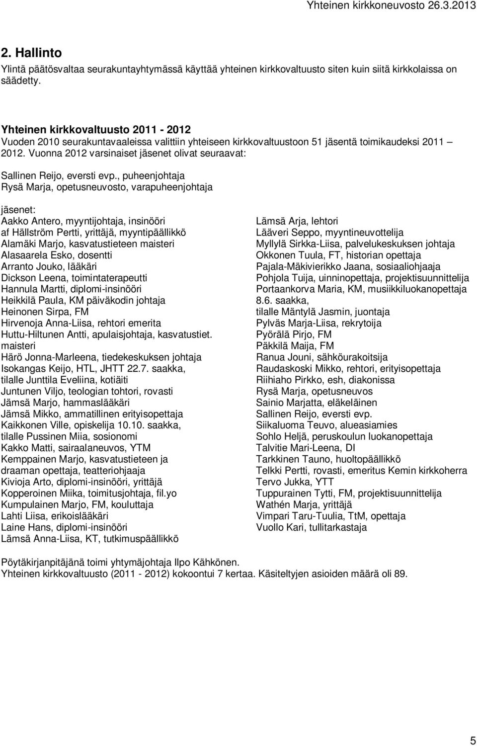 Vuonna 2012 varsinaiset jäsenet olivat seuraavat: Sallinen Reijo, eversti evp.