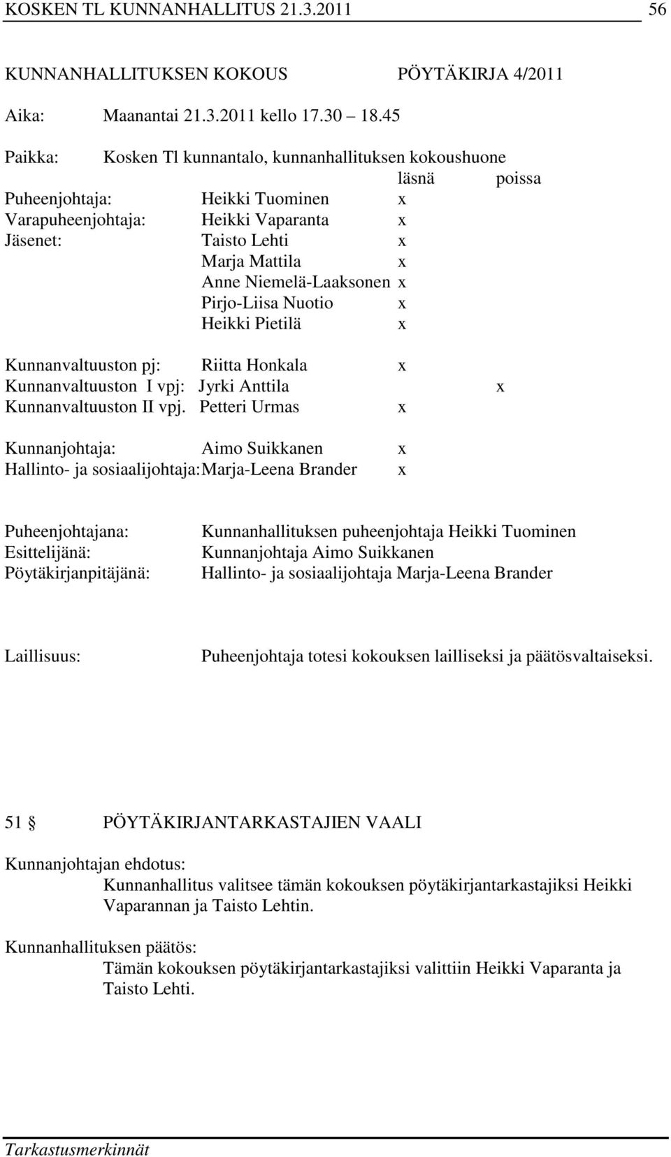 Niemelä-Laaksonen x Pirjo-Liisa Nuotio x Heikki Pietilä x Kunnanvaltuuston pj: Riitta Honkala x Kunnanvaltuuston I vpj: Jyrki Anttila Kunnanvaltuuston II vpj.