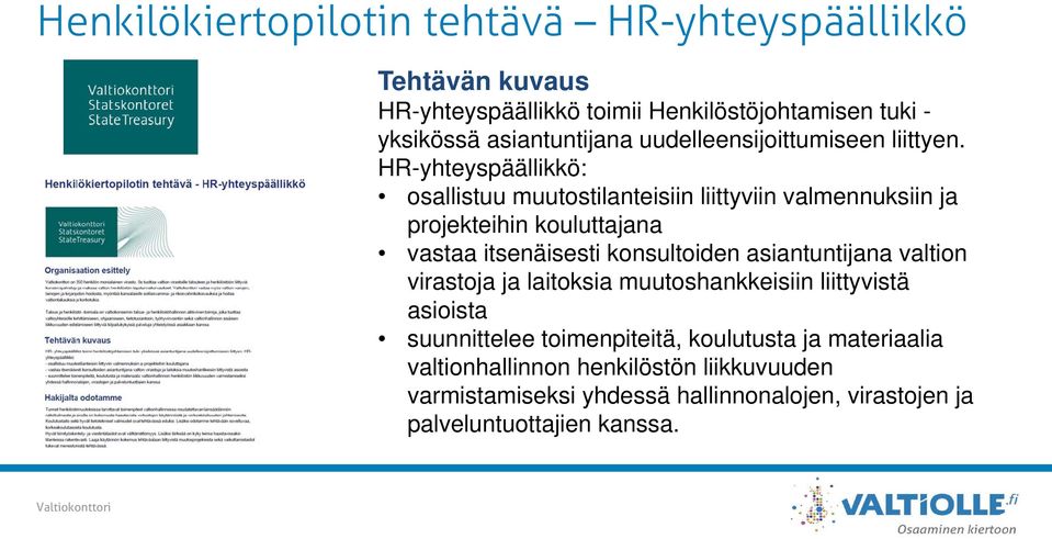 HR-yhteyspäällikkö: osallistuu muutostilanteisiin liittyviin valmennuksiin ja projekteihin kouluttajana vastaa itsenäisesti konsultoiden