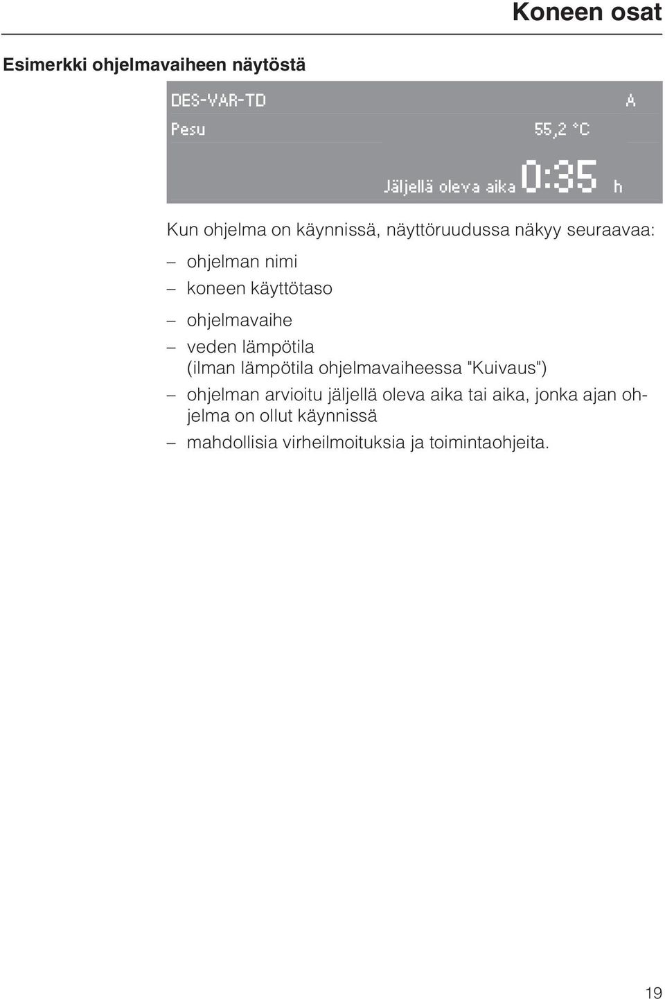 ohjelmavaihe veden lämpötila (ilman lämpötila ohjelmavaiheessa "Kuivaus") ohjelman arvioitu