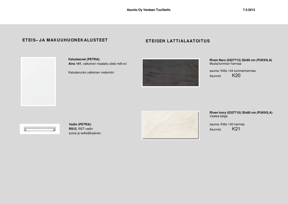 Musta/tumman harmaa sauma: Kiilto 144 tummanharmaa Asunnot K20 Riven Ivory (0327710) 30x60 cm