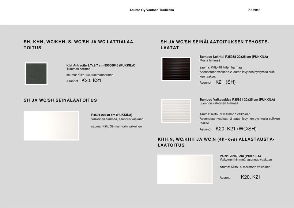 Asunnot K21 (SH) SH JA WC/SH SEINÄLAATOITUS Bamboo Valkosuklaa P35891 20x25 cm (PUKKILA) Luonnon valkoinen himmeä P4591 20x40 cm (PUKKILA) Valkoinen himmeä, asennus vaakaan sauma: Kiilto 39 marmorin
