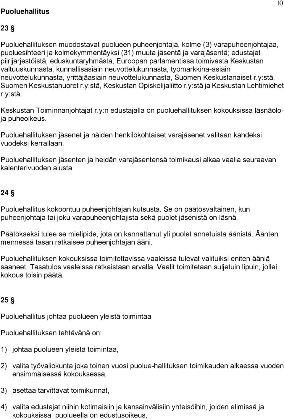 neuvottelukunnasta, Suomen Keskustanaiset r.y:stä, Suomen Keskustanuoret r.y:stä, Keskustan Opiskelijaliitto r.y:stä ja Keskustan Lehtimiehet r.y:stä. Keskustan Toiminnanjohtajat r.