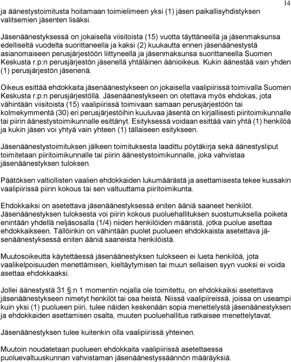 perusjärjestöön liittyneellä ja jäsenmaksunsa suorittaneella Suomen Keskusta r.p:n perusjärjestön jäsenellä yhtäläinen äänioikeus. Kukin äänestää vain yhden (1) perusjärjestön jäsenenä.