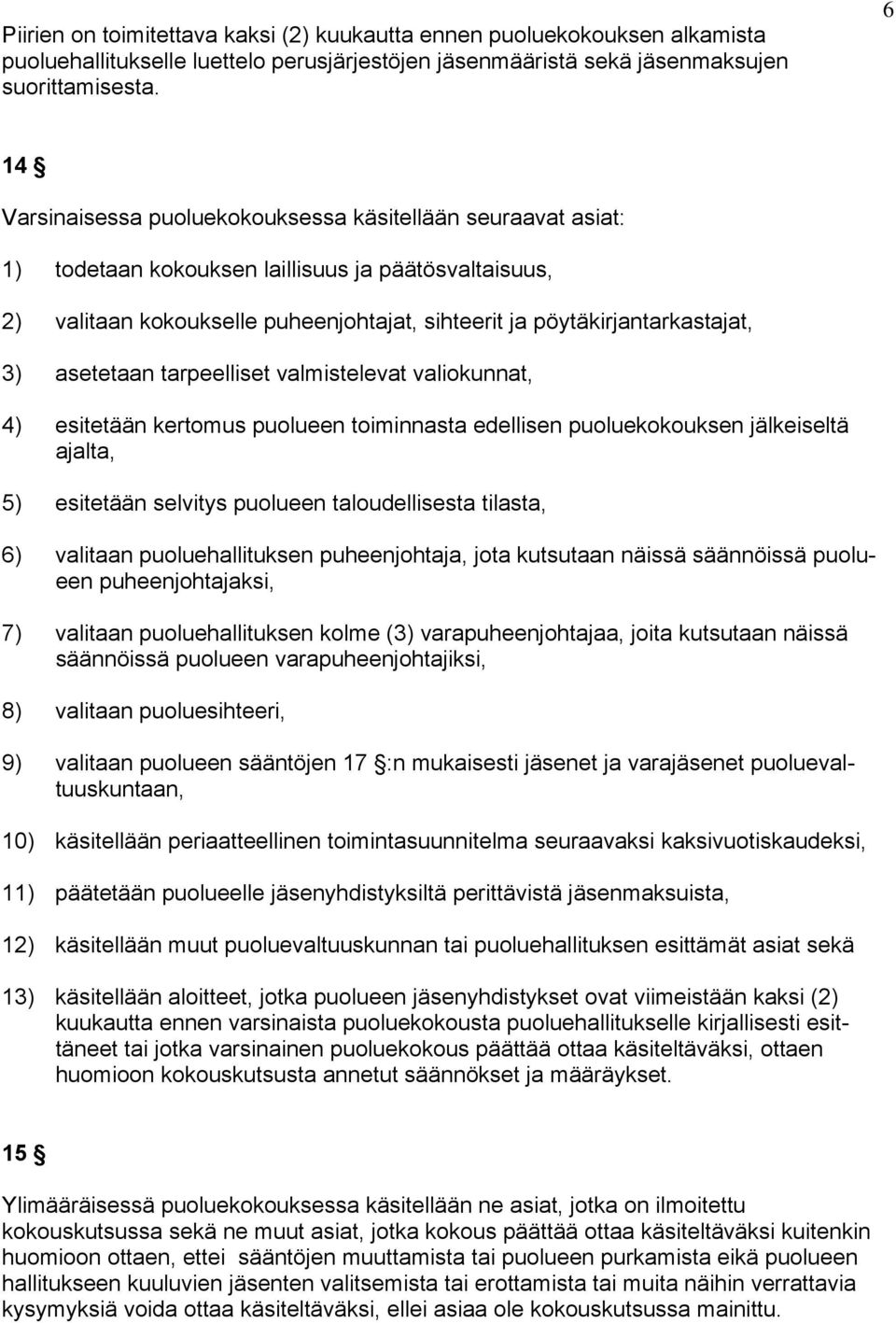 asetetaan tarpeelliset valmistelevat valiokunnat, 4) esitetään kertomus puolueen toiminnasta edellisen puoluekokouksen jälkeiseltä ajalta, 5) esitetään selvitys puolueen taloudellisesta tilasta, 6)