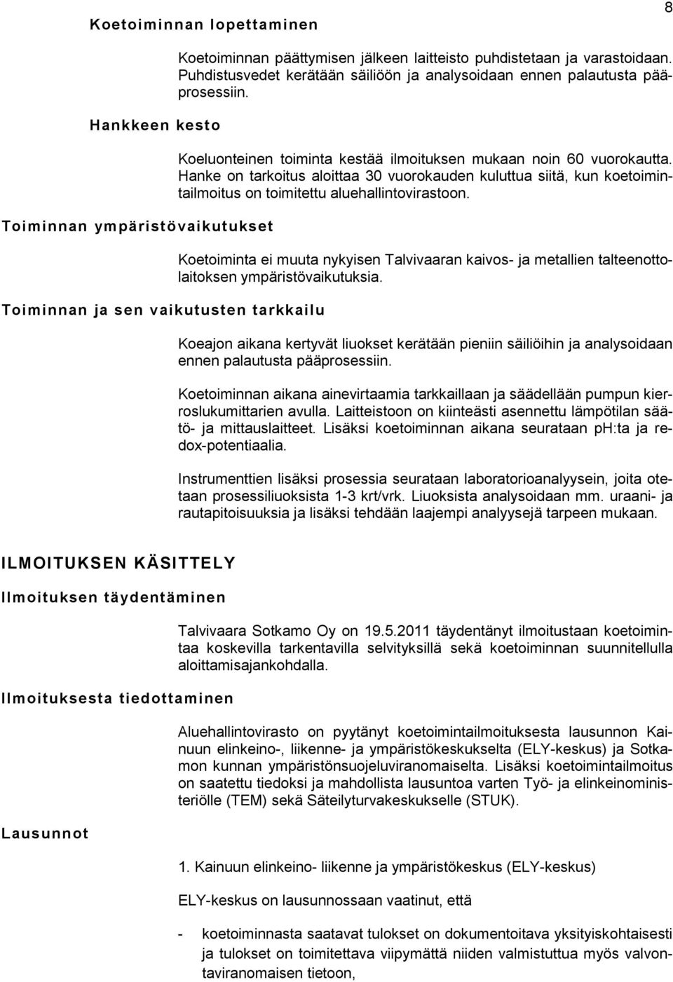 Hanke on tarkoitus aloittaa 30 vuorokauden kuluttua siitä, kun koetoimintailmoitus on toimitettu aluehallintovirastoon.