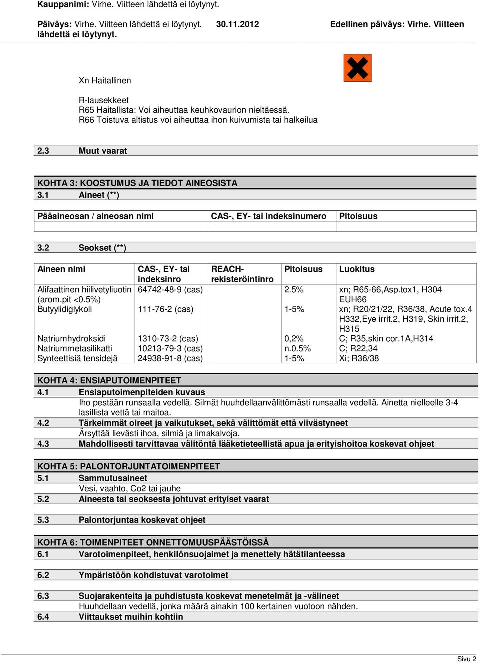 2 Seokset (**) Aineen nimi Alifaattinen hiilivetyliuotin (arom.pit <0.