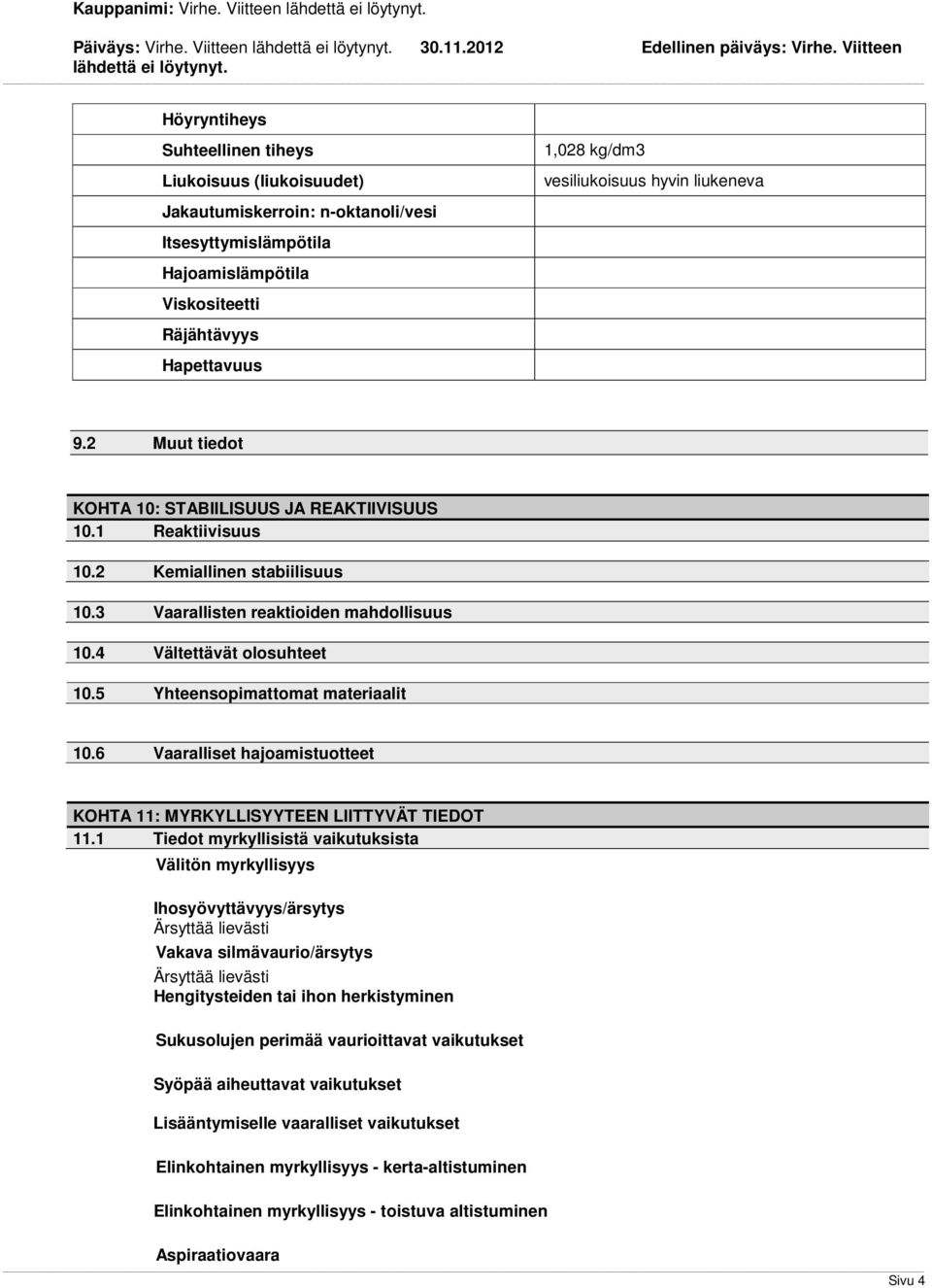 5 Yhteensopimattomat materiaalit 10.6 Vaaralliset hajoamistuotteet KOHTA 11: MYRKYLLISYYTEEN LIITTYVÄT TIEDOT 11.