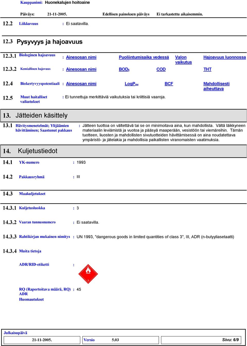 4 Biokertyvyyspotentiaali Ainesosan nimi LogPow BCF Mahdollisesti aiheuttava 12.5 Muut haitalliset vaikutukset 1. Jätteiden käsittely 1.