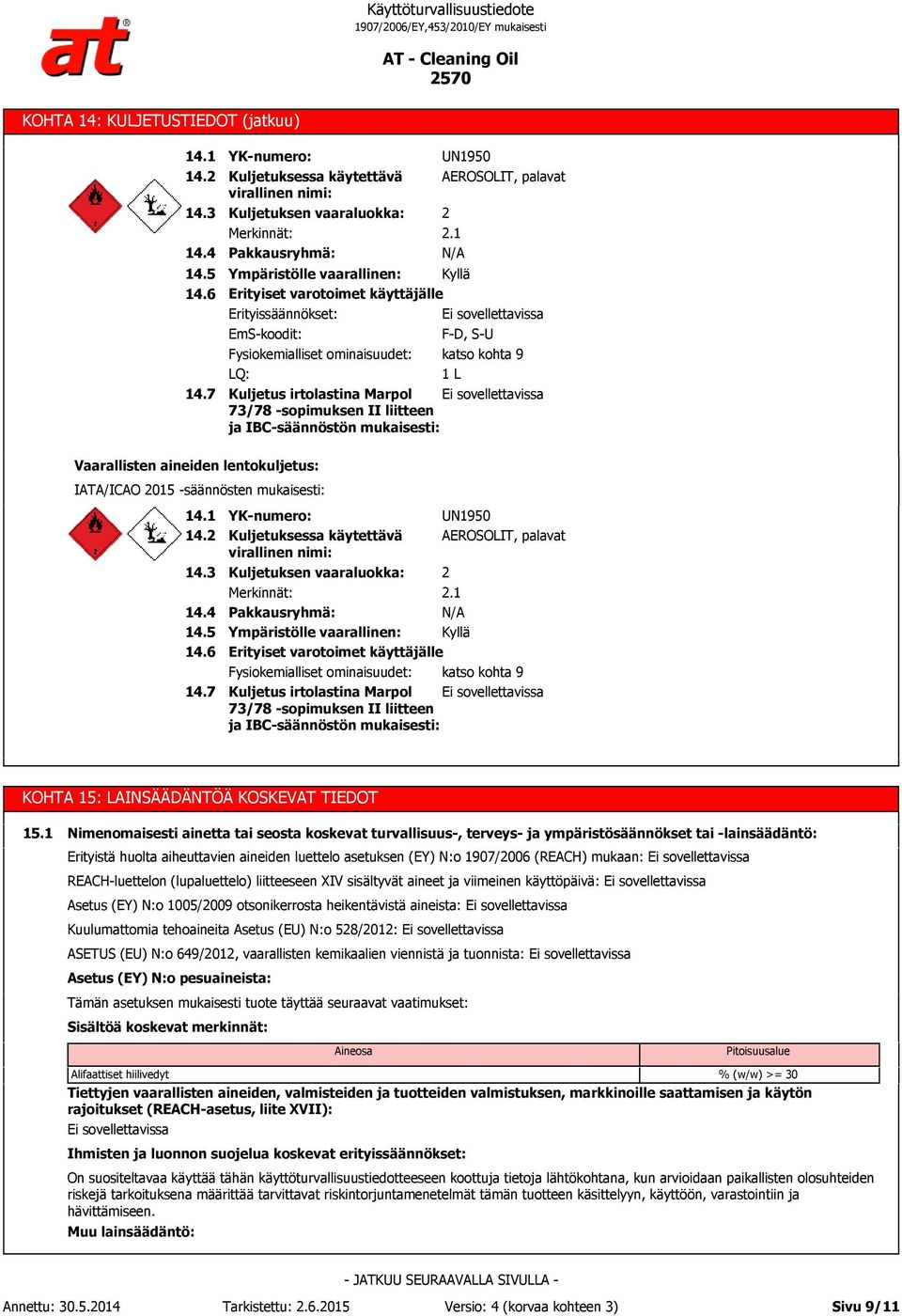 1 N/A Ympäristölle vaarallinen: Kyllä Erityiset varotoimet käyttäjälle Erityissäännökset: EmS-koodit: F-D, S-U Fysiokemialliset ominaisuudet: katso kohta 9 LQ: 1 L Kuljetus irtolastina Marpol 73/78