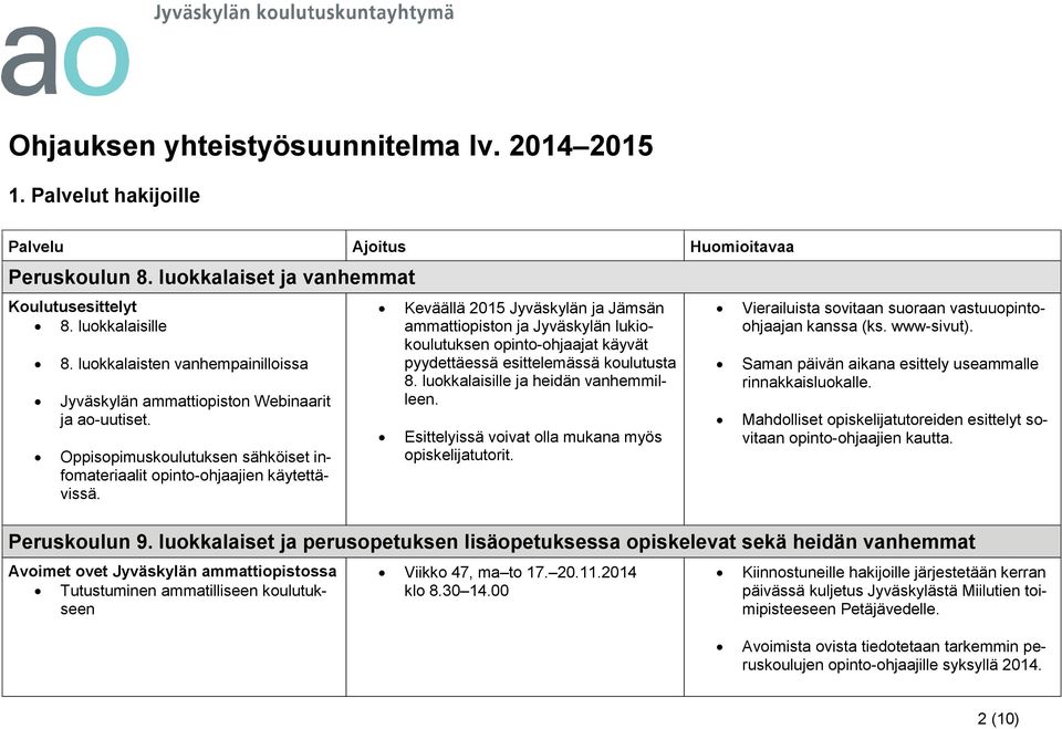 Keväällä 2015 Jyväskylän ja Jämsän ammattiopiston ja Jyväskylän lukiokoulutuksen opinto-ohjaajat käyvät pyydettäessä esittelemässä koulutusta 8. luokkalaisille ja heidän vanhemmilleen.