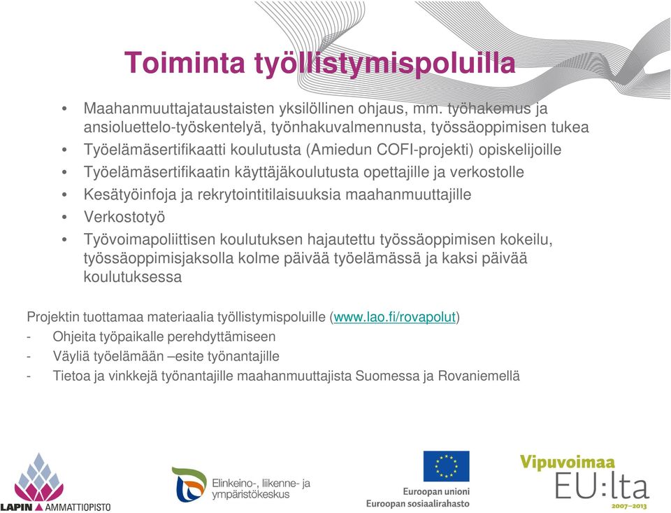 käyttäjäkoulutusta opettajille ja verkostolle Kesätyöinfoja ja rekrytointitilaisuuksia maahanmuuttajille Verkostotyö Työvoimapoliittisen koulutuksen hajautettu työssäoppimisen kokeilu,