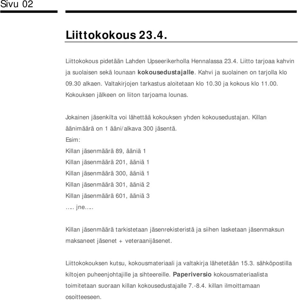 Killan äänimäärä on 1 ääni/alkava 300 jäsentä.