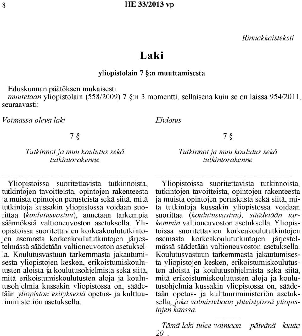 opintojen perusteista sekä siitä, mitä tutkintoja kussakin yliopistossa voidaan suorittaa (koulutusvastuu), annetaan tarkempia säännöksiä valtioneuvoston asetuksella.