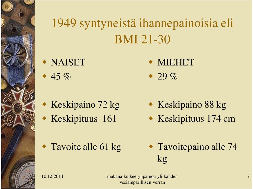 Keskipituus 174 cm Tavoite alle 61 kg Tavoitepaino alle 74 kg