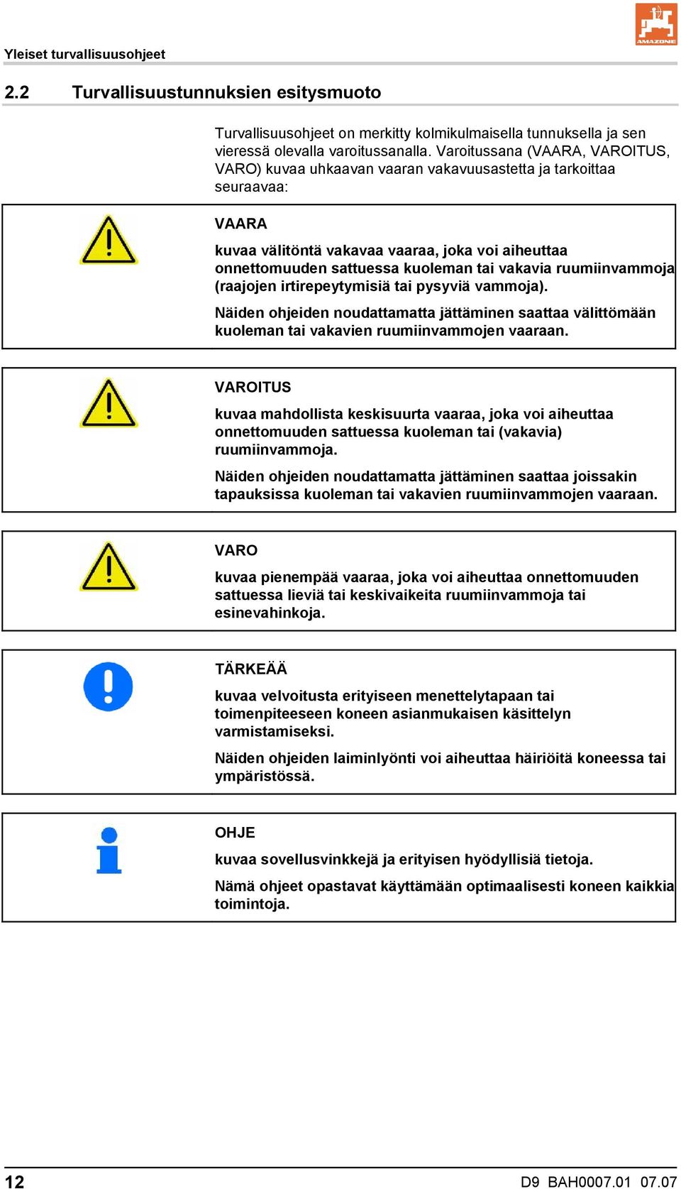 vakavia ruumiinvammoja (raajojen irtirepeytymisiä tai pysyviä vammoja). Näiden ohjeiden noudattamatta jättäminen saattaa välittömään kuoleman tai vakavien ruumiinvammojen vaaraan.