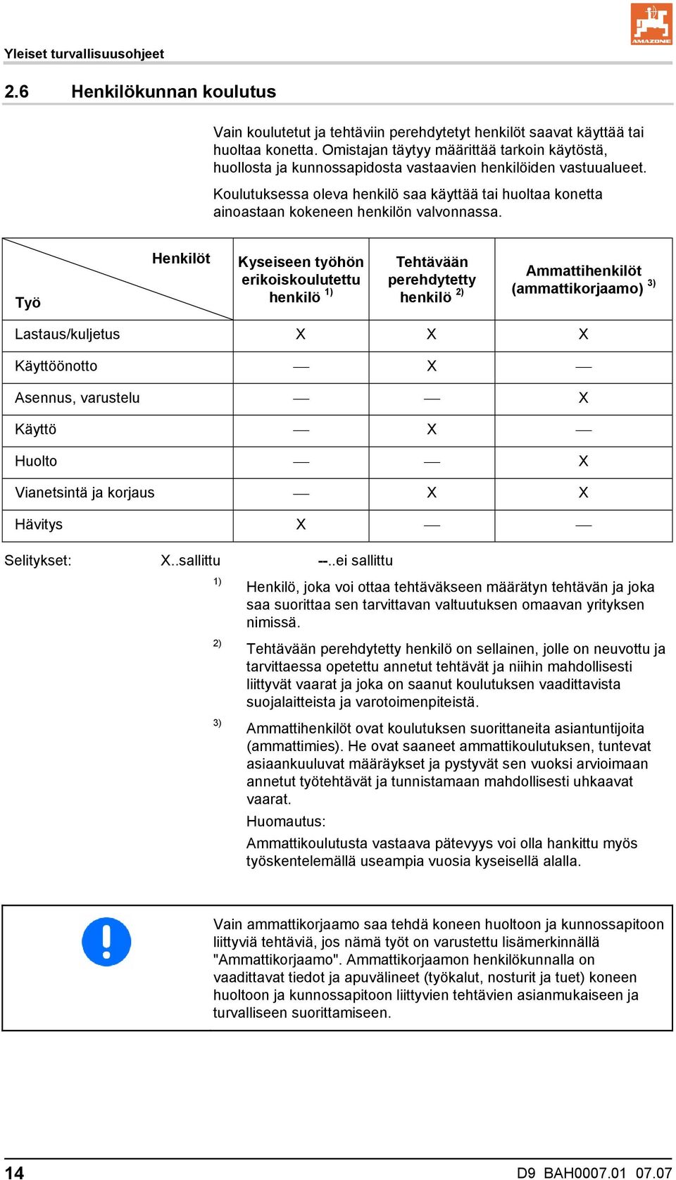 Koulutuksessa oleva henkilö saa käyttää tai huoltaa konetta ainoastaan kokeneen henkilön valvonnassa.