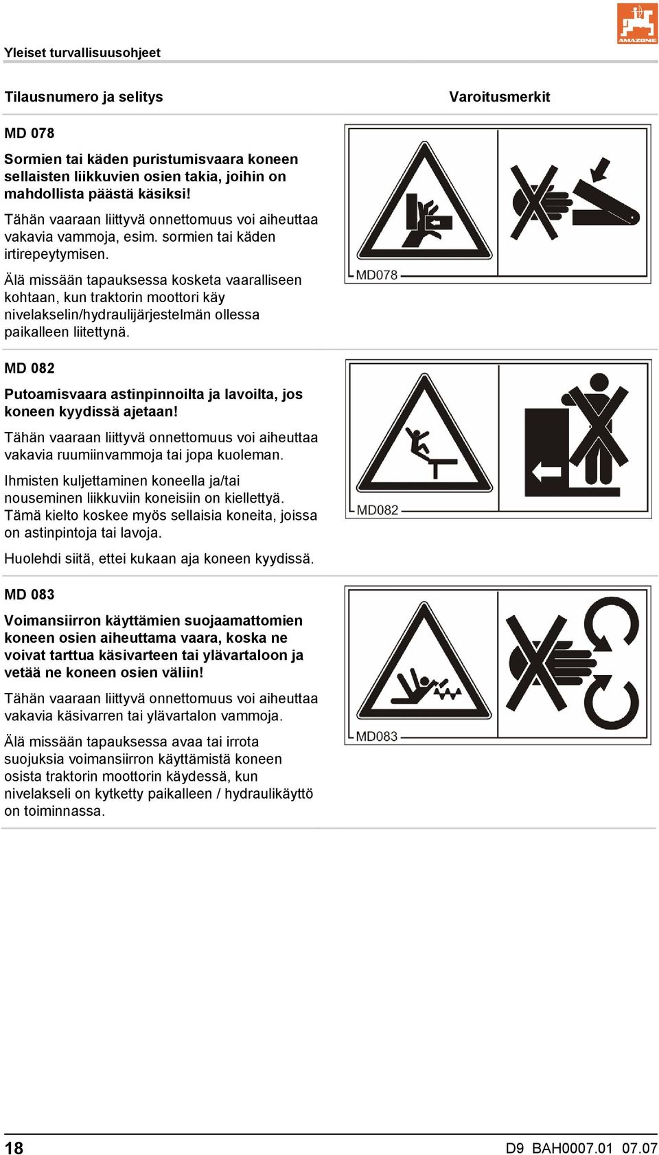 Älä missään tapauksessa kosketa vaaralliseen kohtaan, kun traktorin moottori käy nivelakselin/hydraulijärjestelmän ollessa paikalleen liitettynä.