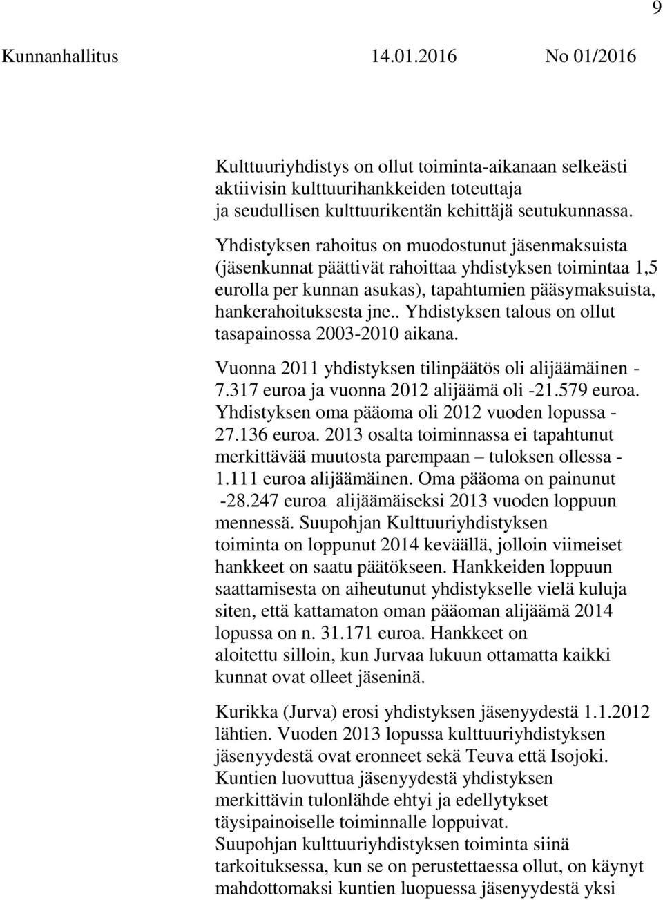 . Yhdistyksen talous on ollut tasapainossa 2003-2010 aikana. Vuonna 2011 yhdistyksen tilinpäätös oli alijäämäinen - 7.317 euroa ja vuonna 2012 alijäämä oli -21.579 euroa.