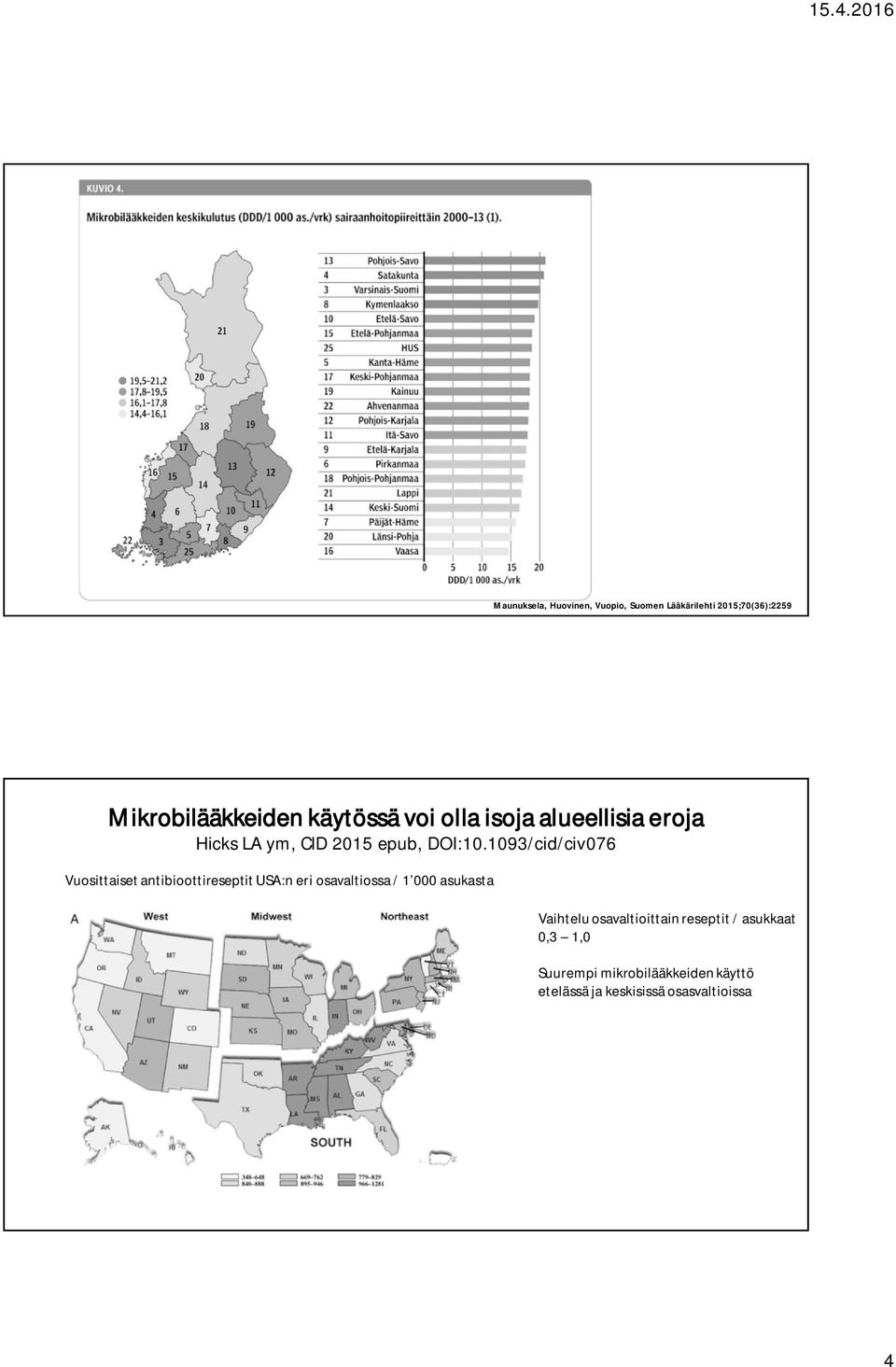 1093/cid/civ076 Vuosittaiset antibioottireseptit USA:n eri osavaltiossa / 1 000 asukasta