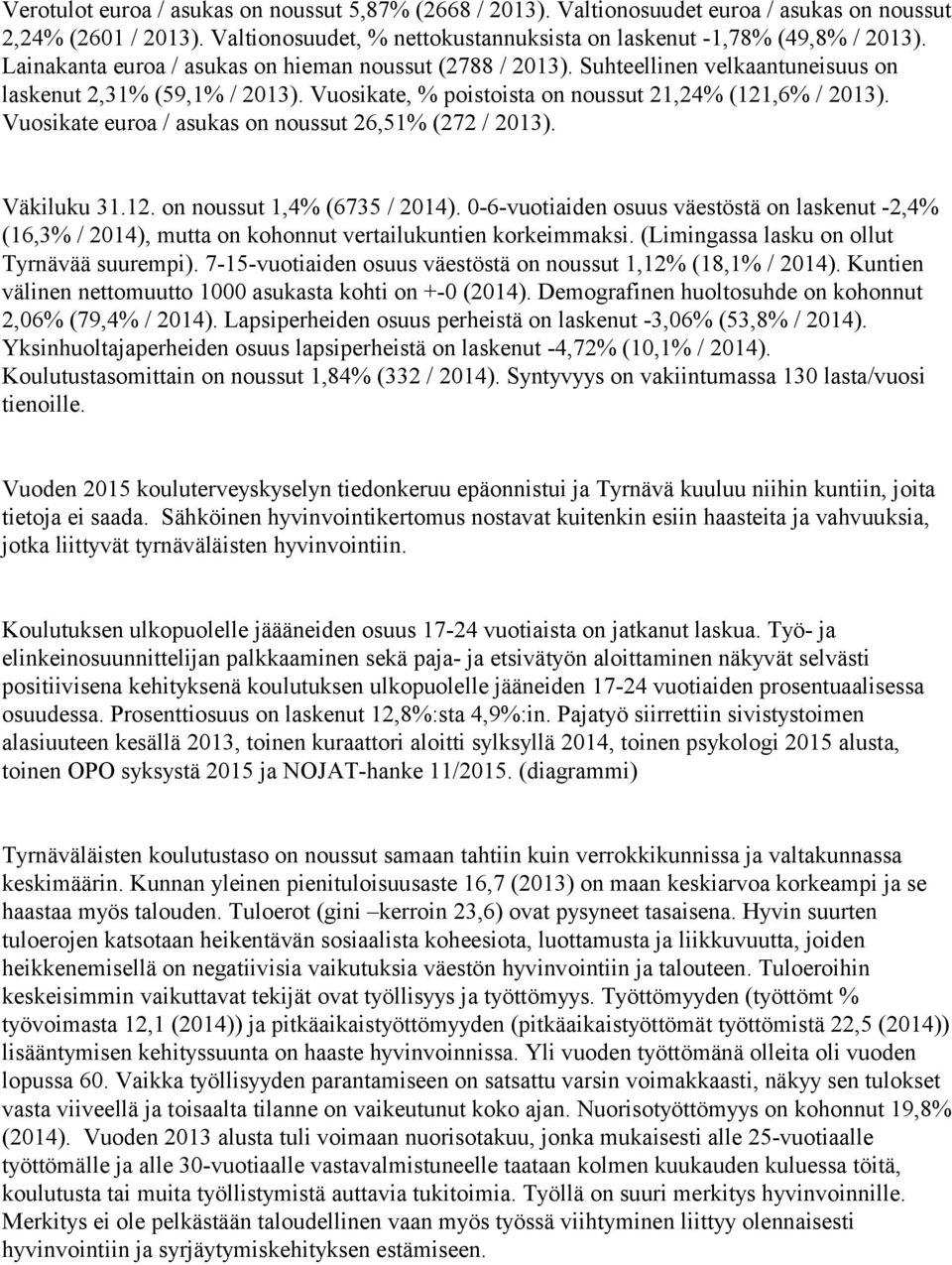 Vuosikate euroa / asukas on noussut 26,51% (272 / 2013). Väkiluku 31.12. on noussut 1,4% (6735 / 2014).