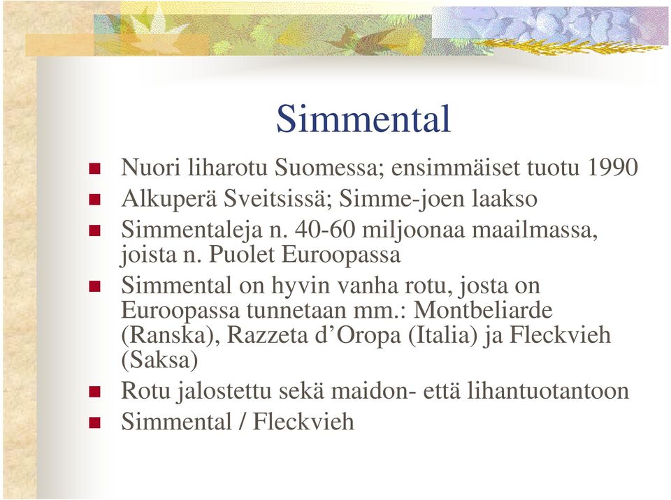 Puolet Euroopassa Simmental on hyvin vanha rotu, josta on Euroopassa tunnetaan mm.