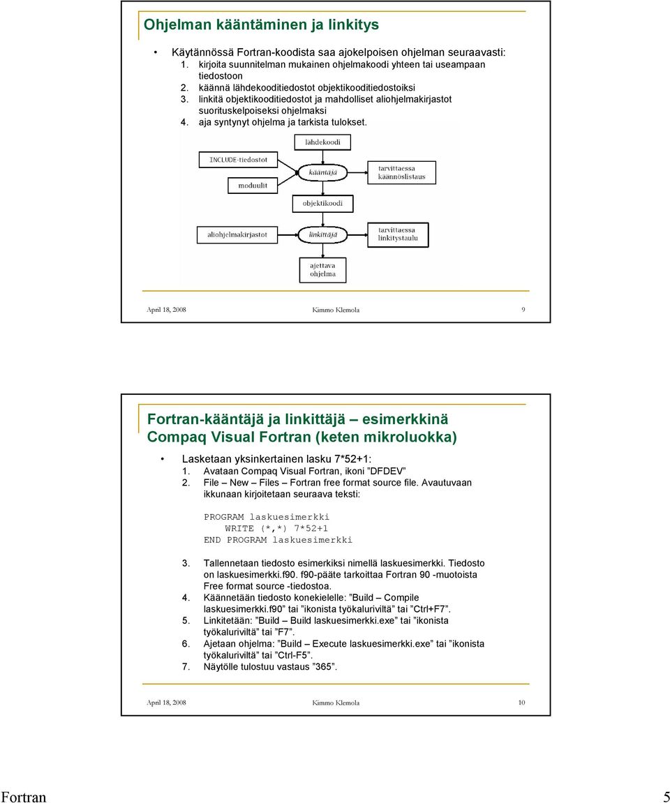 April 18, 2008 Kimmo Klemola 9 Fortran-kääntäjä ja linkittäjä esimerkkinä Compaq Visual Fortran (keten mikroluokka) Lasketaan yksinkertainen lasku 7*52+1: 1.