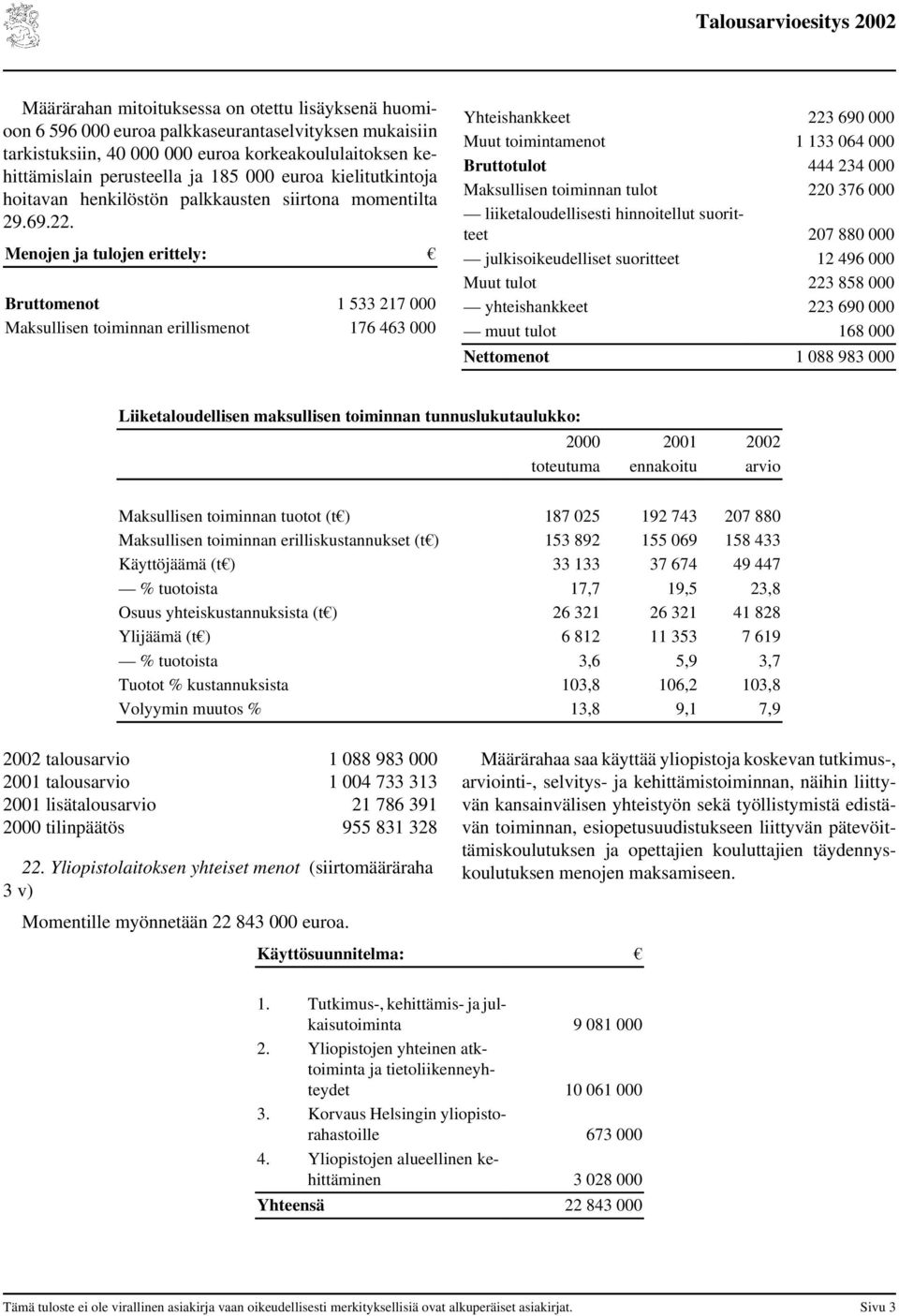 Menojen ja tulojen erittely: Bruttomenot 1 533 217 000 Maksullisen toiminnan erillismenot 176 463 000 Yhteishankkeet 223 690 000 Muut toimintamenot 1 133 064 000 Bruttotulot 444 234 000 Maksullisen