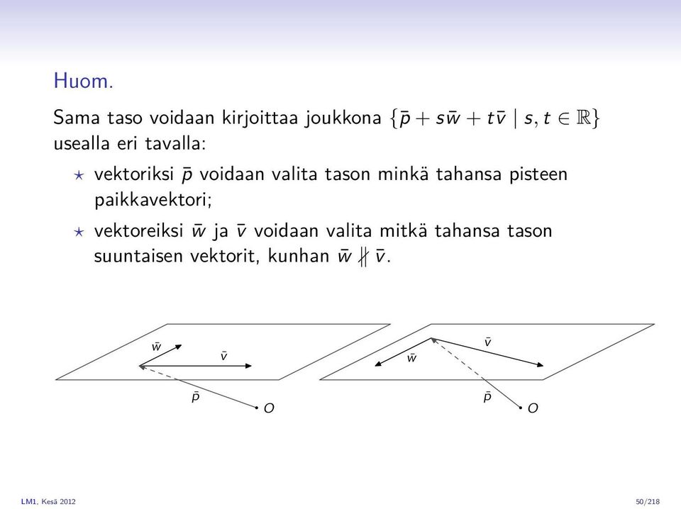 pisteen paikkavektori; vektoreiksi w ja v voidaan valita mitkä tahansa