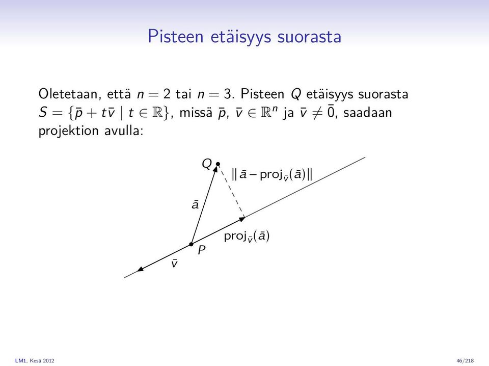 Pisteen Q etäisyys suorasta S = { p + t v t R},