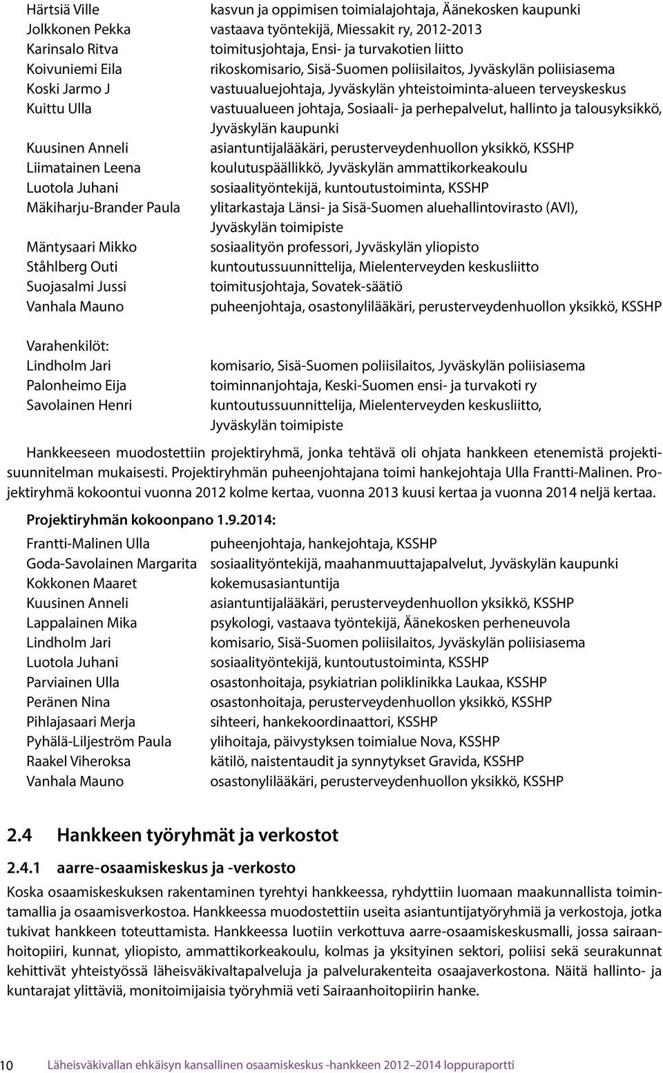 Sosiaali- ja perhepalvelut, hallinto ja talousyksikkö, Jyväskylän kaupunki Kuusinen Anneli asiantuntijalääkäri, perusterveydenhuollon yksikkö, KSSHP Liimatainen Leena koulutuspäällikkö, Jyväskylän