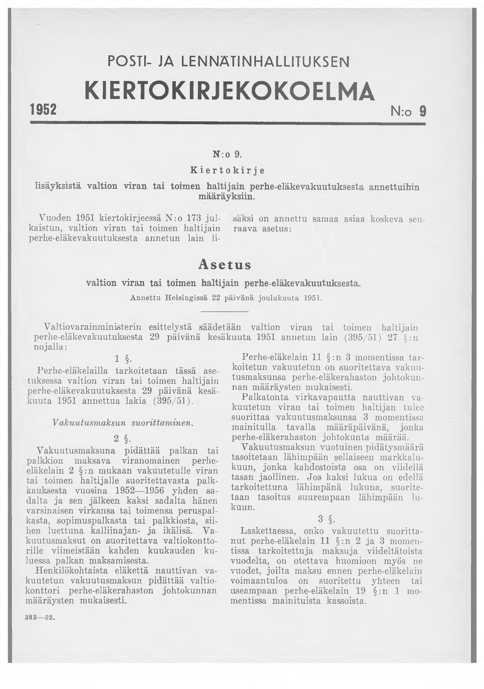 toimen haltijain perhe-eläkevakuutuksesta. Annettu Helsingissä 22 päivänä joulukuuta 1951.