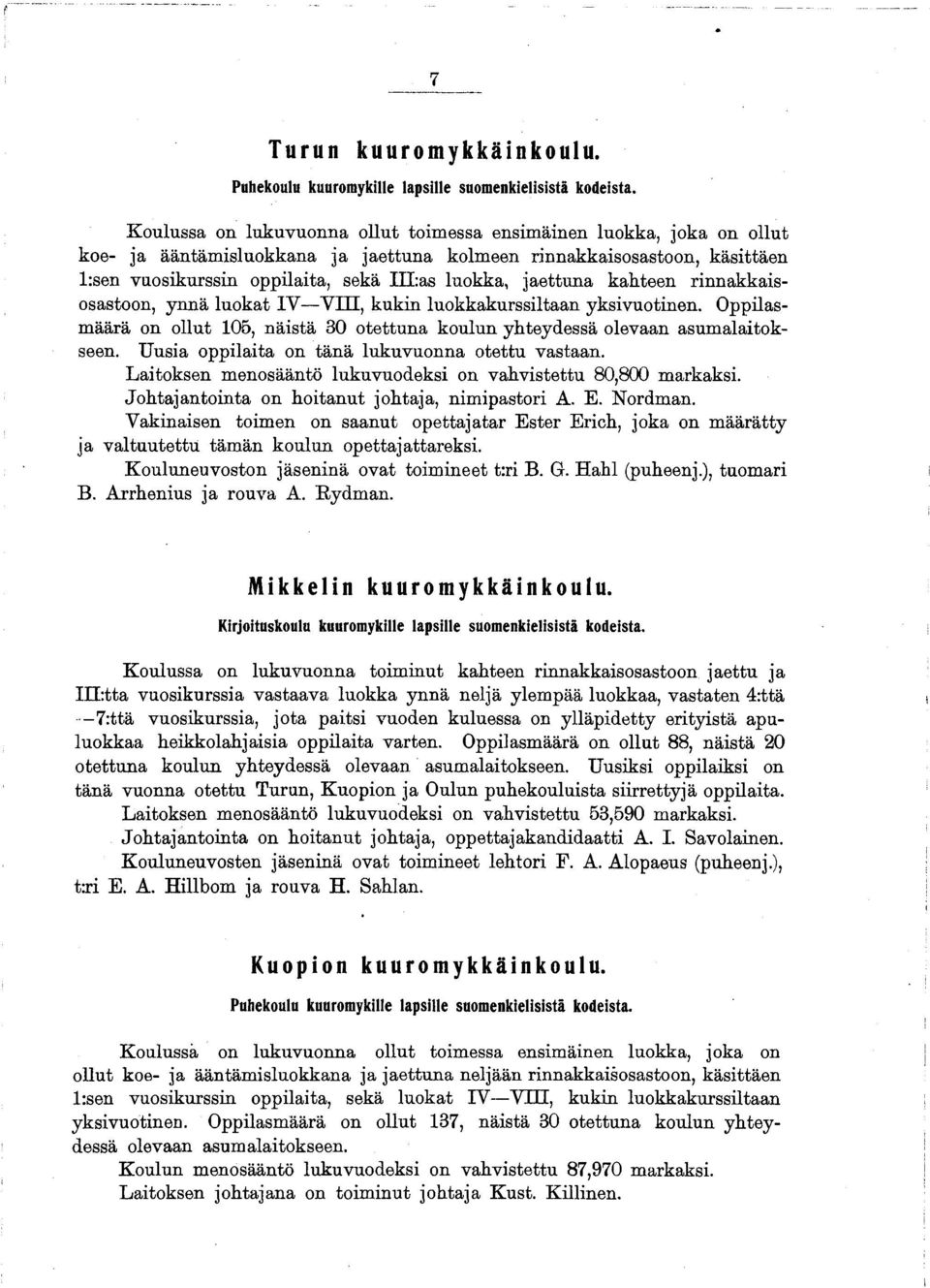 jaettuna kahteen rinnakkaisosastoon, ynnä luokat 1Y VIH, kukin luokkakurssiltaan yksivuotinen. Oppilasmäärä on ollut 105, näistä 30 otettuna koulun yhteydessä olevaan asumalaitok- seen.