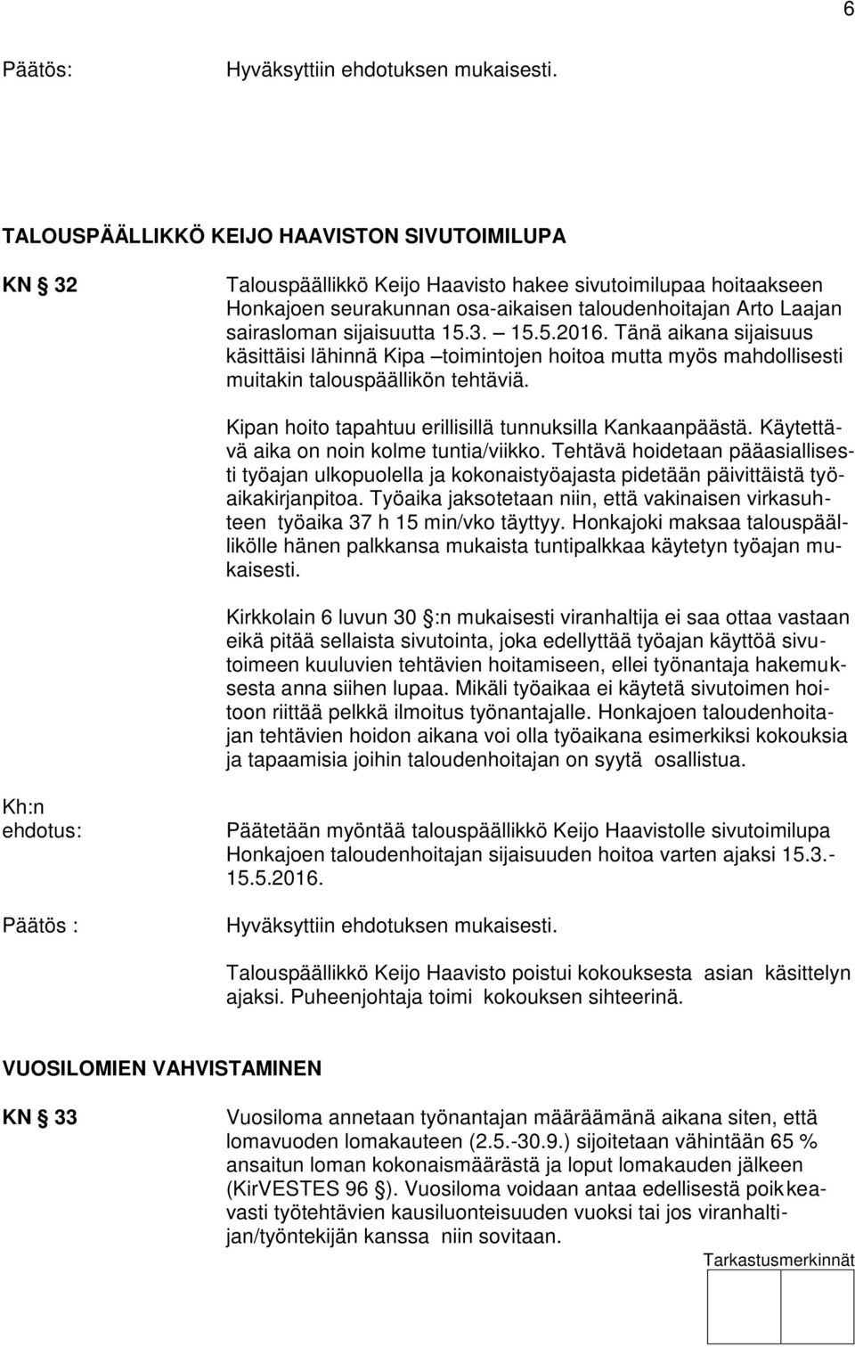 Kipan hoito tapahtuu erillisillä tunnuksilla Kankaanpäästä. Käytettävä aika on noin kolme tuntia/viikko.