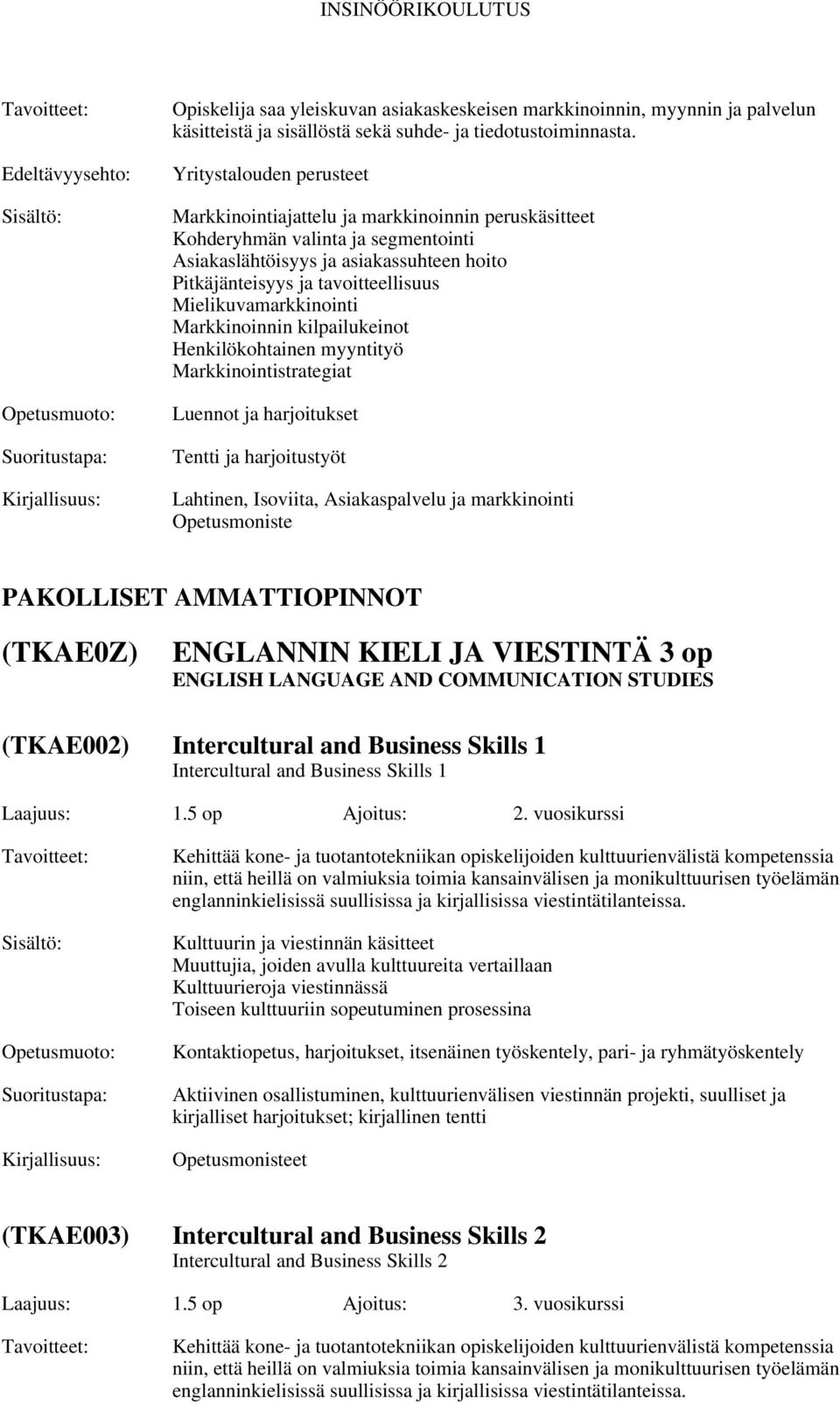 Mielikuvamarkkinointi Markkinoinnin kilpailukeinot Henkilökohtainen myyntityö Markkinointistrategiat Tentti ja harjoitustyöt Lahtinen, Isoviita, Asiakaspalvelu ja markkinointi Opetusmoniste