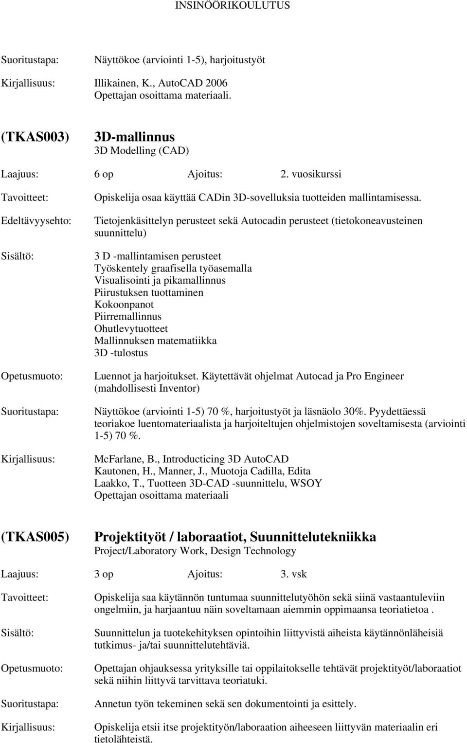 Tietojenkäsittelyn perusteet sekä Autocadin perusteet (tietokoneavusteinen suunnittelu) 3 D -mallintamisen perusteet Työskentely graafisella työasemalla Visualisointi ja pikamallinnus Piirustuksen