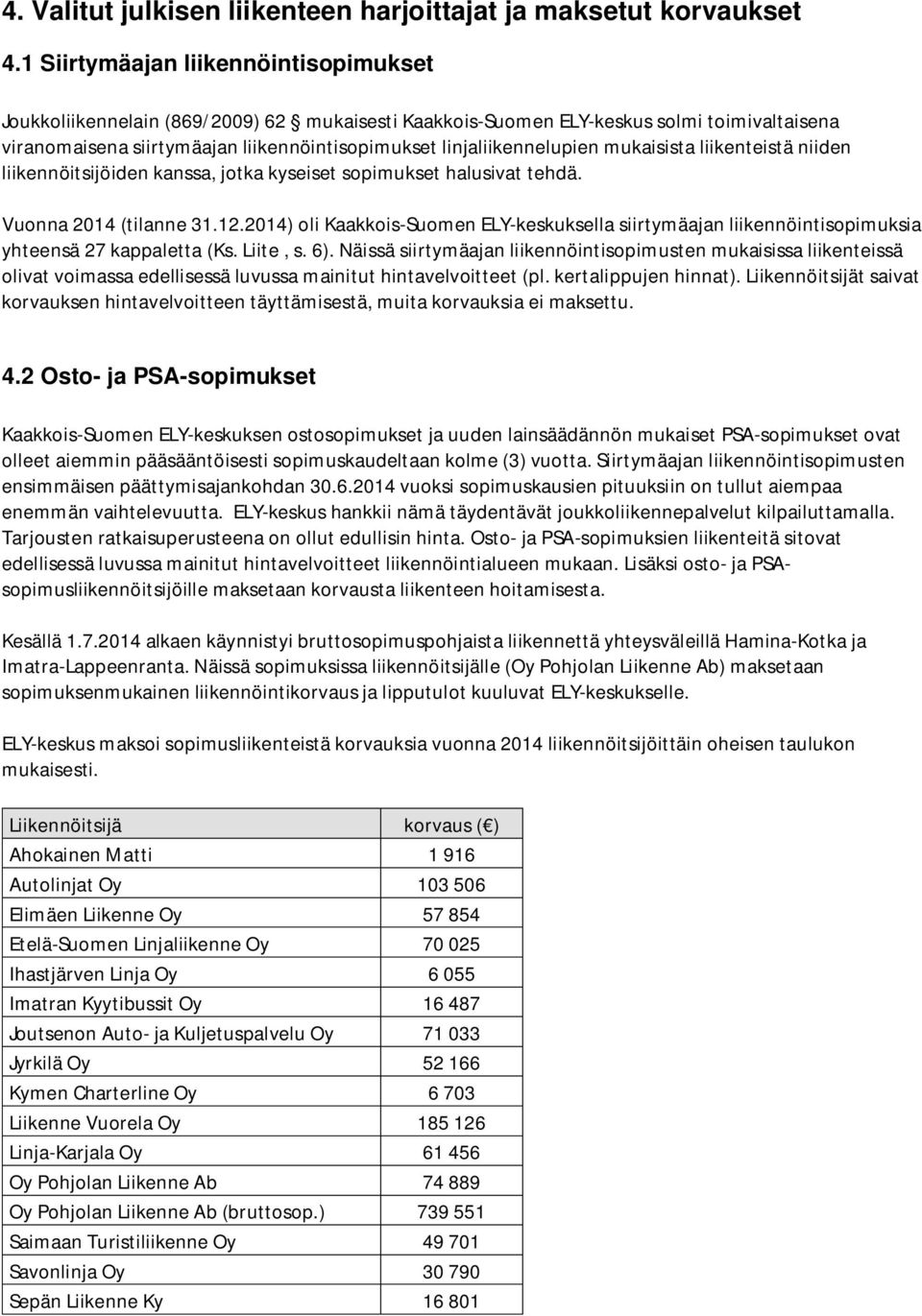 linjaliikennelupien mukaisista liikenteistä niiden liikennöitsijöiden kanssa, jotka kyseiset sopimukset halusivat tehdä. Vuonna 2014 (tilanne 31.12.