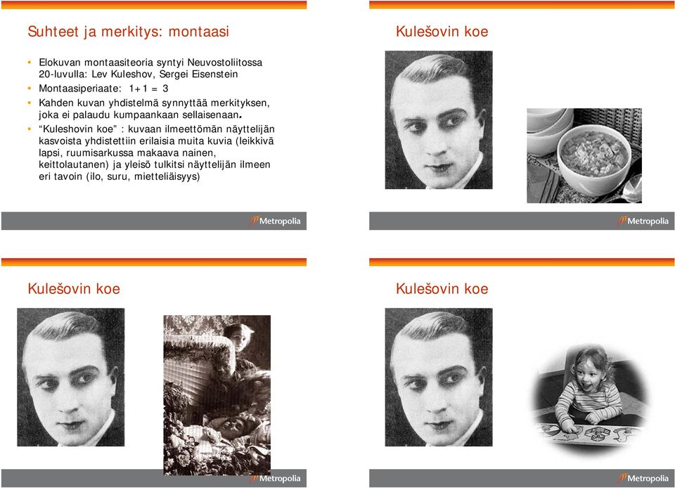 Kuleshovin koe : kuvaan ilmeettömän näyttelijän kasvoista yhdistettiin erilaisia muita kuvia (leikkivä lapsi, ruumisarkussa