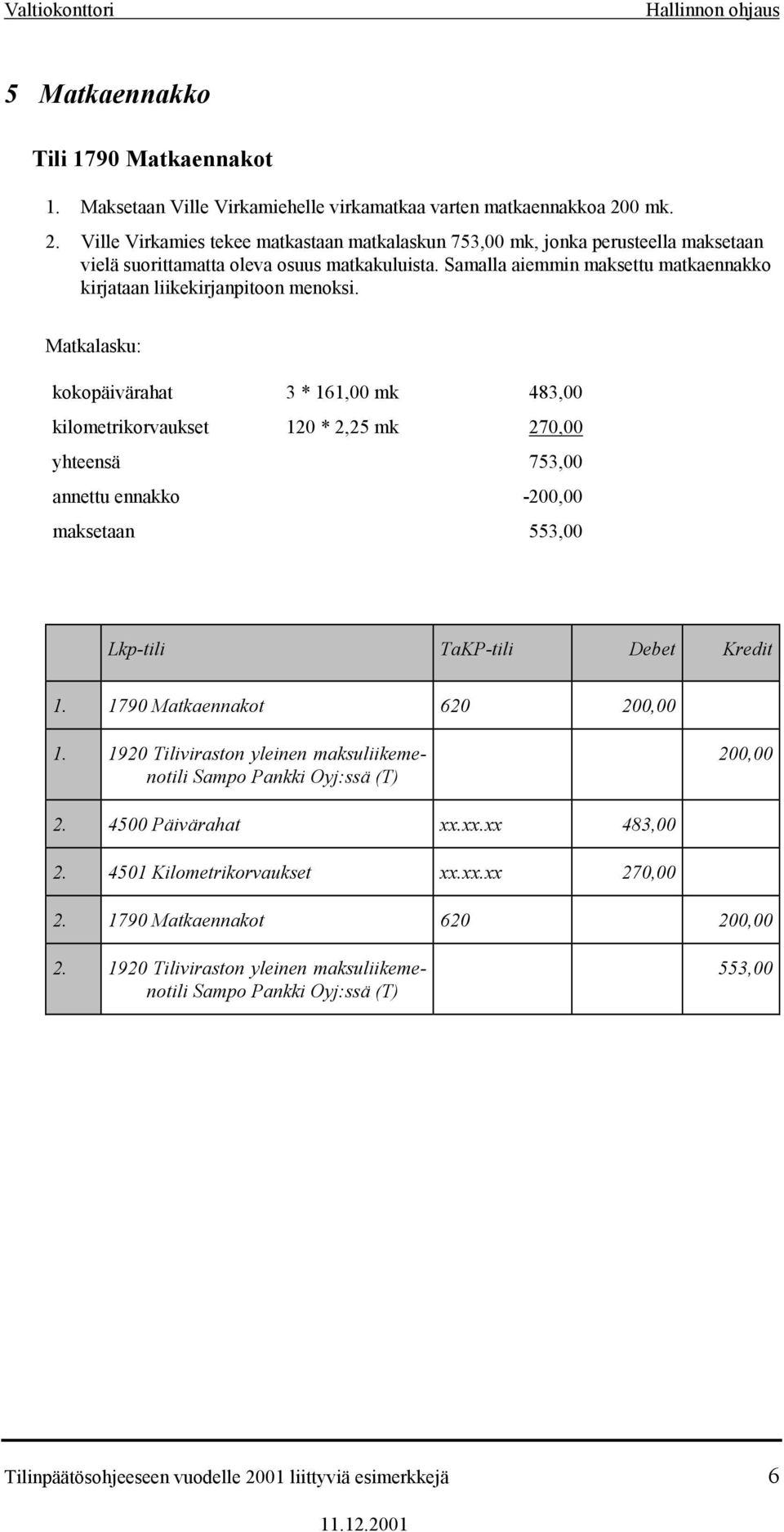 Samalla aiemmin maksettu matkaennakko kirjataan liikekirjanpitoon menoksi.