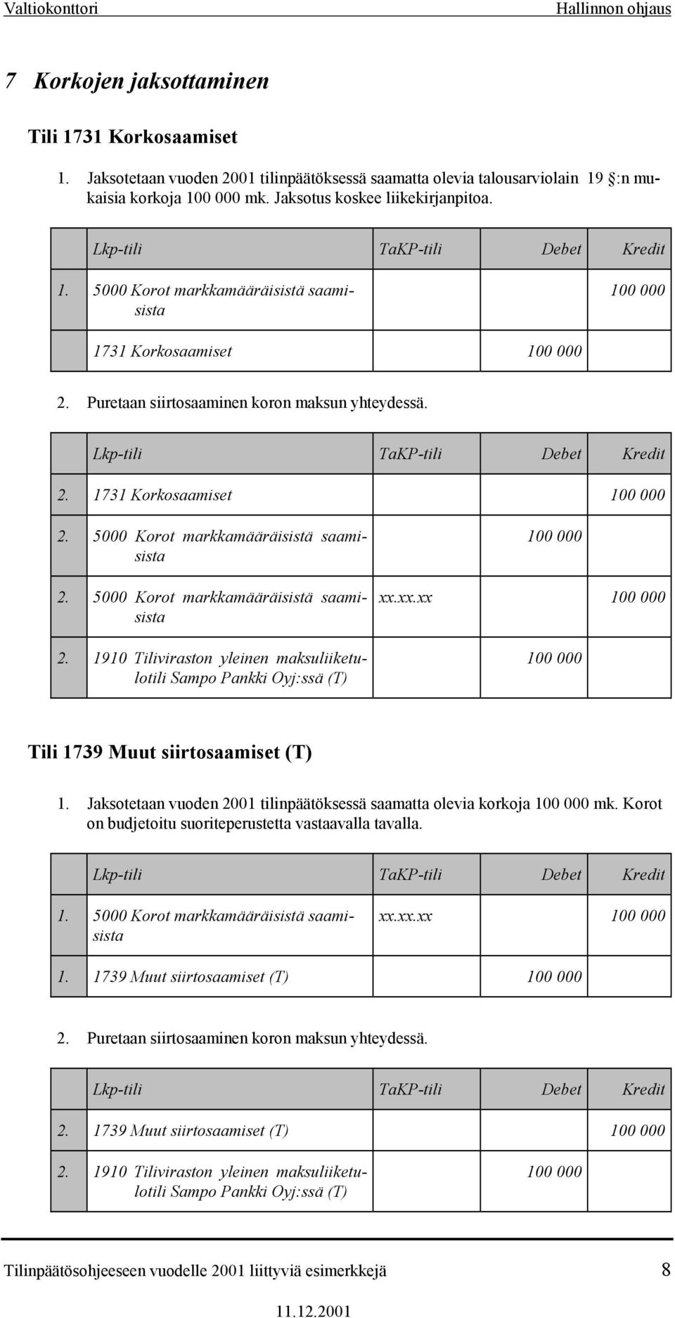 xx.xx Tili 1739 Muut siirtosaamiset (T) 1. Jaksotetaan vuoden 2001 tilinpäätöksessä saamatta olevia korkoja mk. Korot on budjetoitu suoriteperustetta vastaavalla tavalla. 1. 5000 Korot markkamääräisistä saamisista xx.