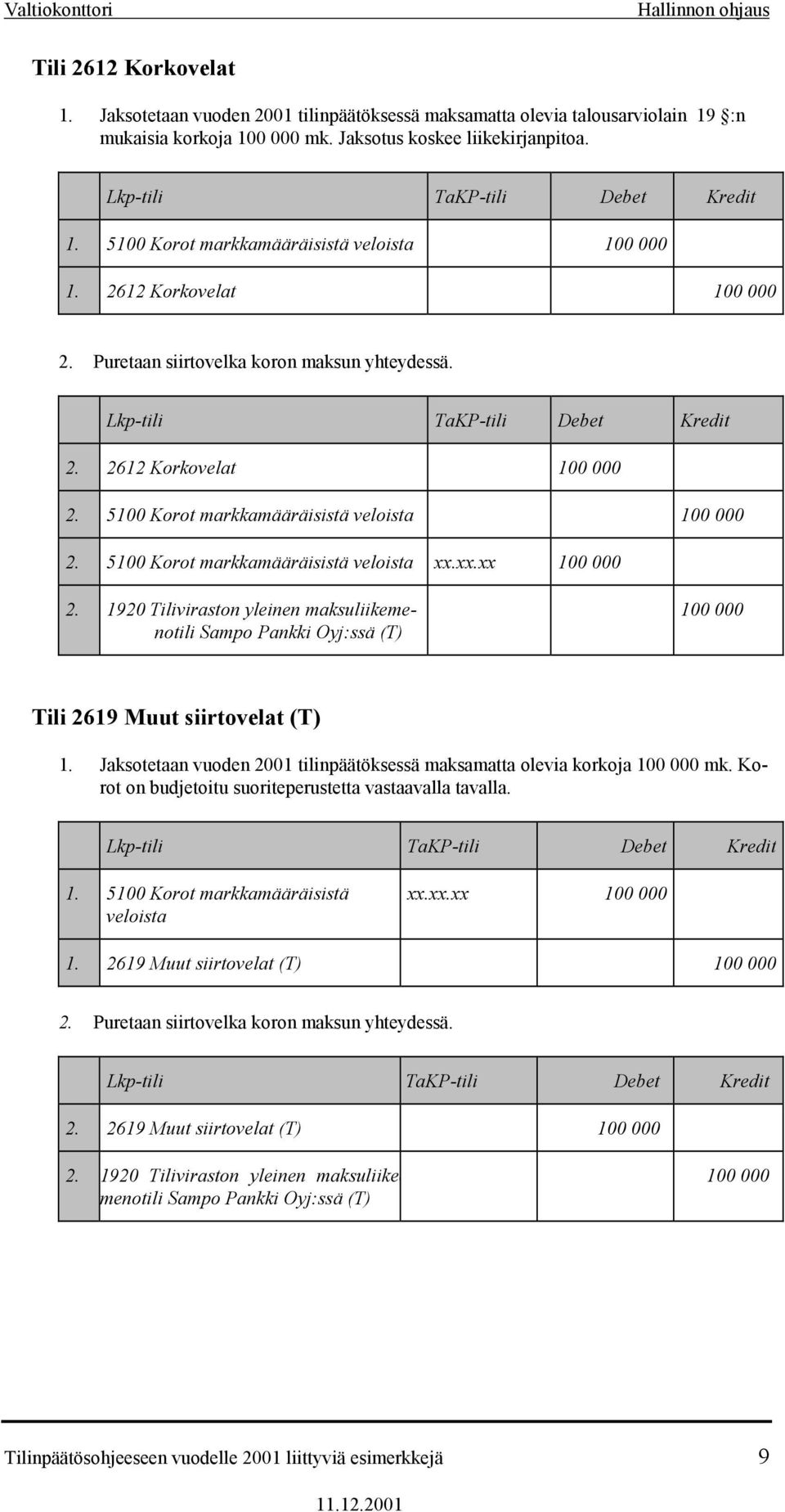 xx.xx Tili 2619 Muut siirtovelat (T) 1. Jaksotetaan vuoden 2001 tilinpäätöksessä maksamatta olevia korkoja mk. Korot on budjetoitu suoriteperustetta vastaavalla tavalla. 1. 5100 Korot markkamääräisistä veloista xx.