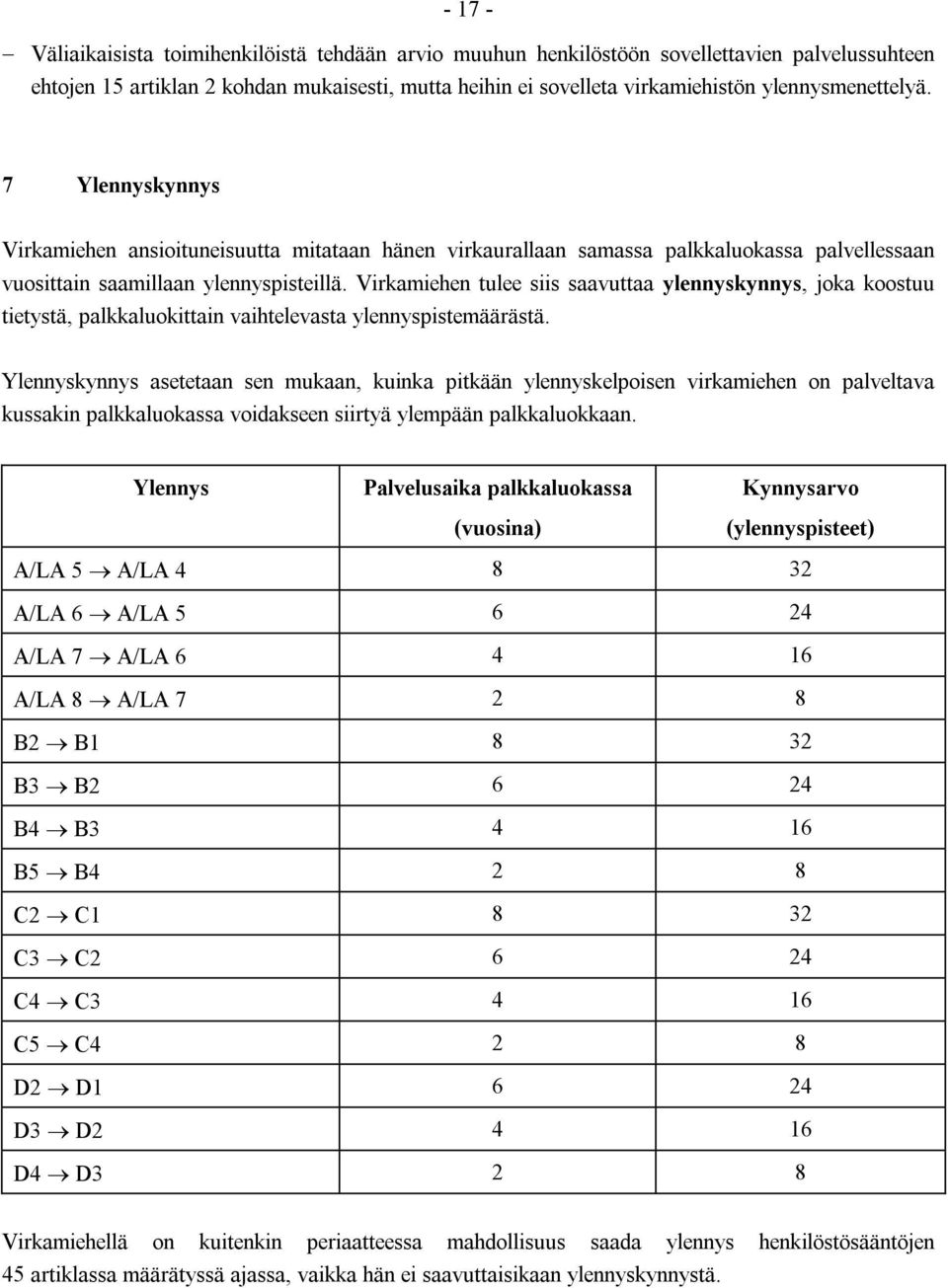 Virkamiehen tulee siis saavuttaa ylennyskynnys, joka koostuu tietystä, palkkaluokittain vaihtelevasta ylennyspistemäärästä.