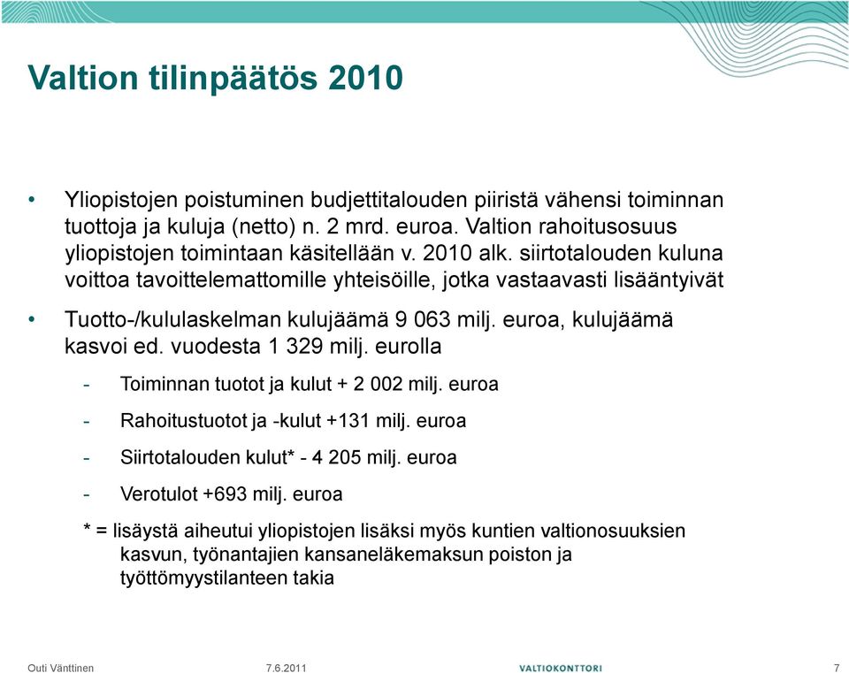 siirtotalouden kuluna voittoa tavoittelemattomille yhteisöille, jotka vastaavasti lisääntyivät Tuotto-/kululaskelman kulujäämä 9 063 milj. euroa, kulujäämä kasvoi ed.