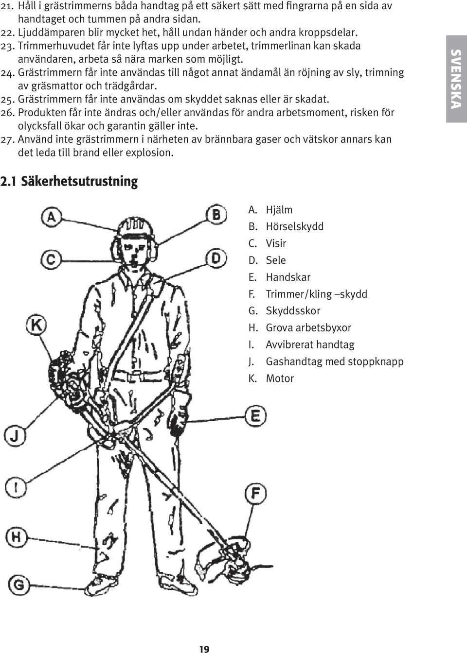 Grästrimmern får inte användas till något annat ändamål än röjning av sly, trimning av gräsmattor och trädgårdar. 25. Grästrimmern får inte användas om skyddet saknas eller är skadat. 26.