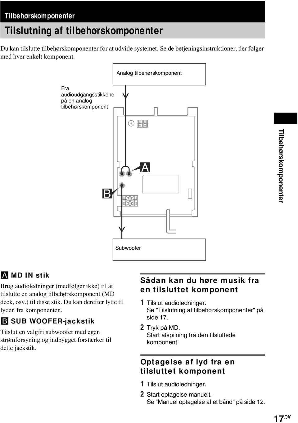 tilbehørskomponent (MD deck, osv.) til disse stik. Du kan derefter lytte til lyden fra komponenten.