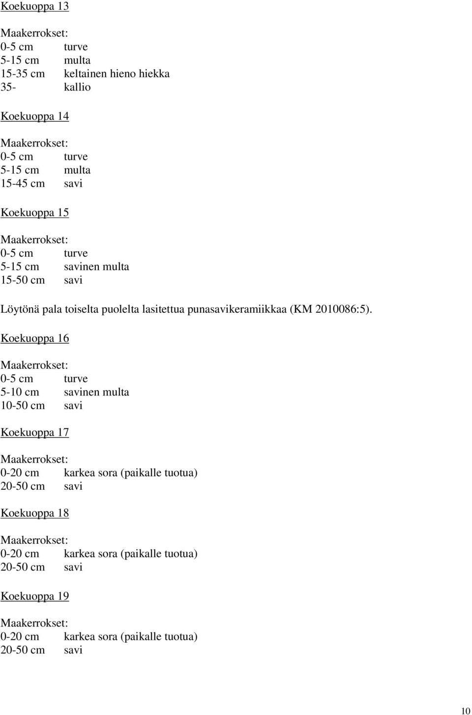 Koekuoppa 16 5-10 cm savinen multa 10-50 cm savi Koekuoppa 17 0-20 cm karkea sora (paikalle tuotua) 20-50 cm savi