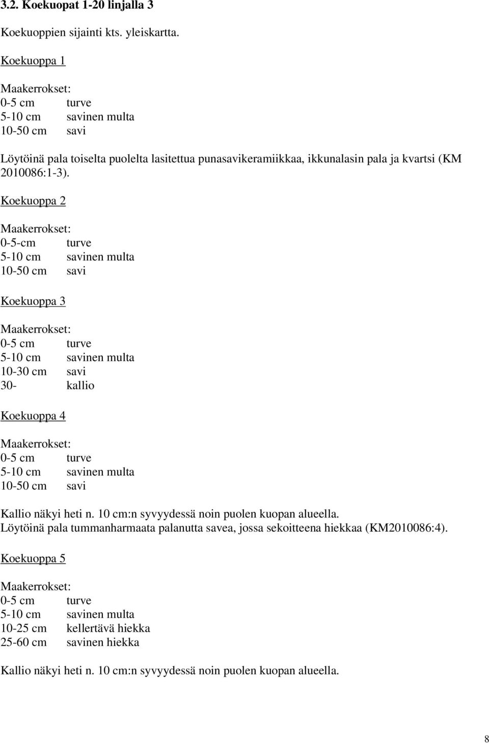 Koekuoppa 2 0-5-cm turve 5-10 cm savinen multa 10-50 cm savi Koekuoppa 3 5-10 cm savinen multa 10-30 cm savi 30- kallio Koekuoppa 4 5-10 cm savinen multa 10-50 cm savi Kallio